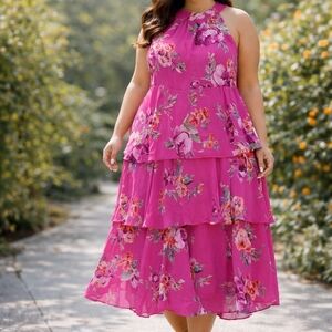 SLNY SL Fashions New York Women's Pink Floral Tiered Halter Dress Size 16 XL